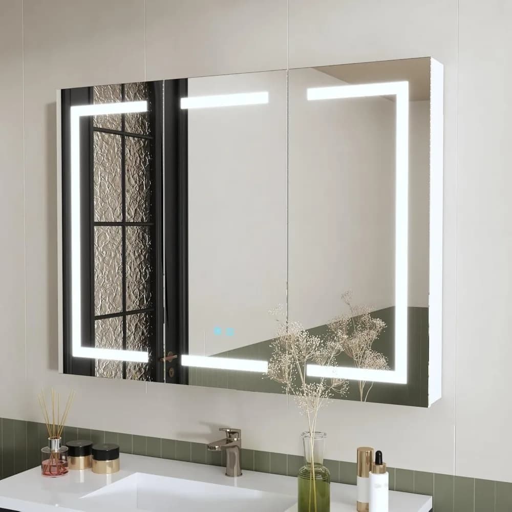 Lighted Medicine Cabinet with Mirror, Anti-Fog, 47” Bathroom Mirror Cabinet with Storage Shelf, Wall Mounted 3 Door, Customized