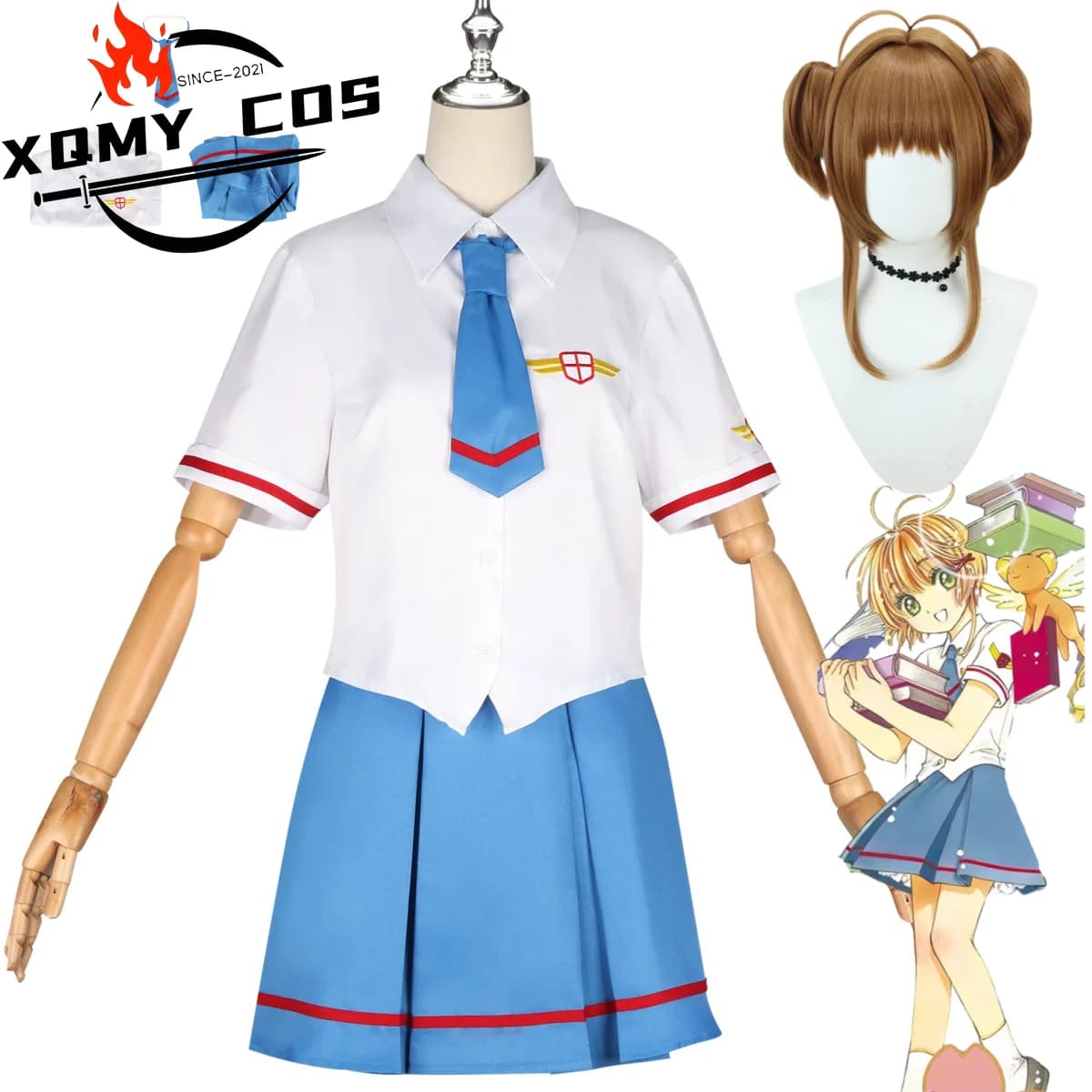 XqAnime Cardcaptor Sakura Kinomoto Sakura Cosplay Costume Summer JK School Uniform Blue Skirt Wig Woman Sexy Cute Campus Suit