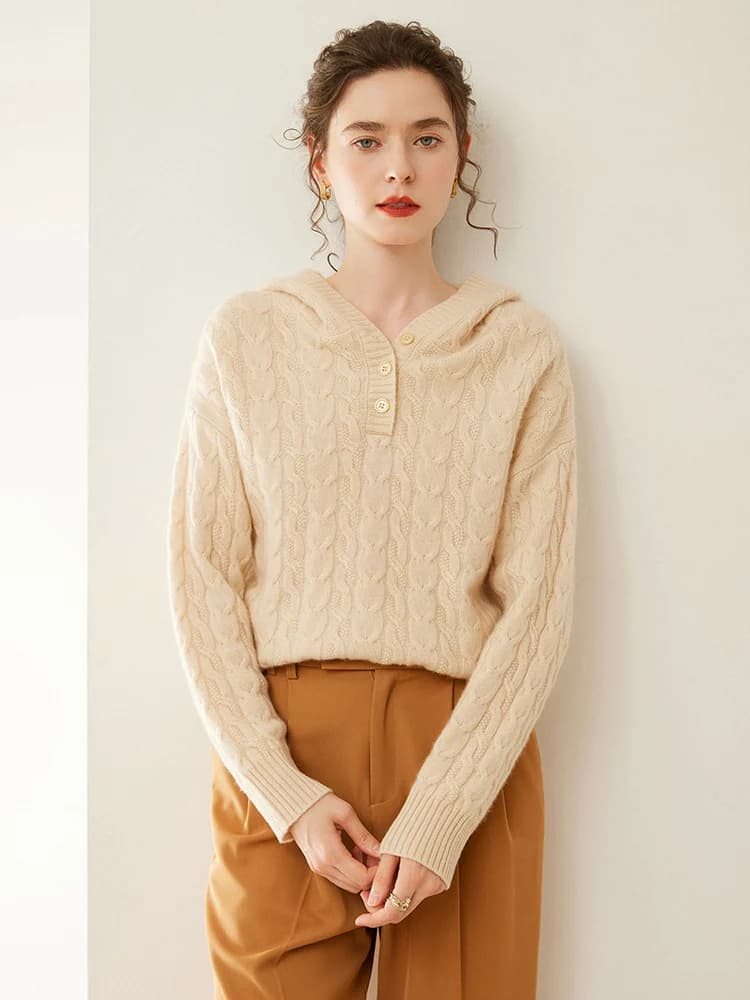 100% cashmere da donna abbottonato con cappuccio mezza abbottonatura fiore intrecciato moda casual autunno inverno felpa con cappuccio spessa maglione lavorato a maglia