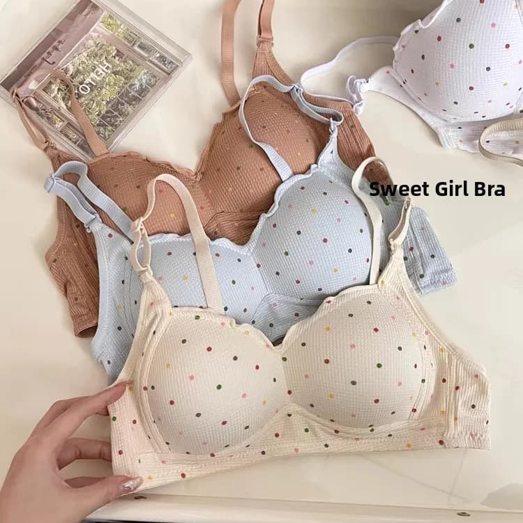 Reggiseno Sottile Stile Giapponese per Ragazze Adolescenti con Anello in Acciaio e Design a Pois Ondulati, Vendita Diretta