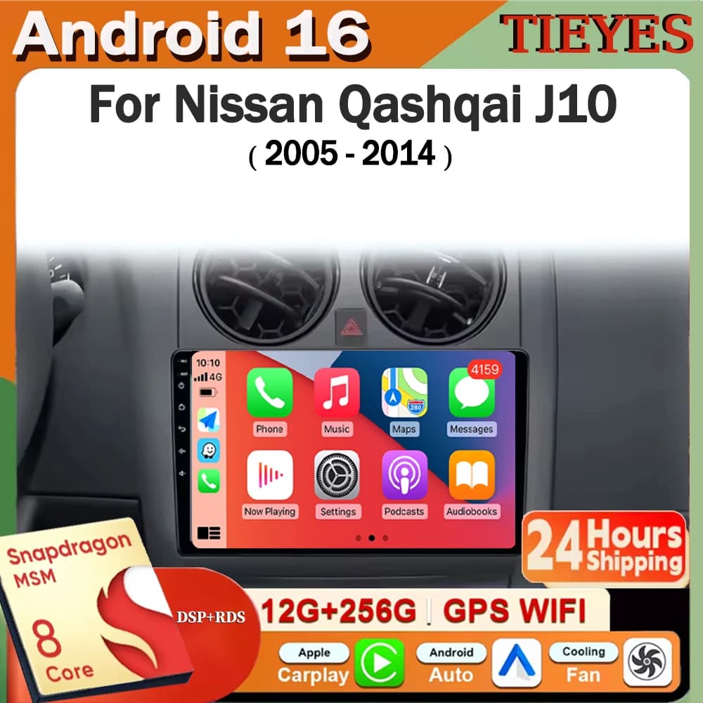 Android 16 For Nissan Qashqai J10 2005 - 2014 CarPlay&Auto Car Radio Stereo GPS Navigation Multimedia Player Wireless WIFI BT FM
