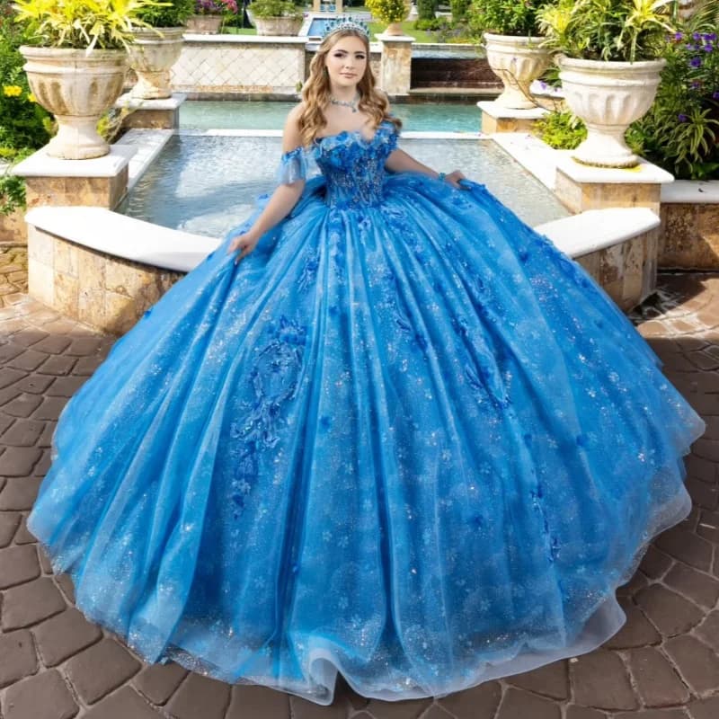 Abiti Quinceanera blu lucido Abito da ballo con spalle scoperte Applique con paillettes Perline di pizzo Tull di cristallo Abito dolce 16 Abiti 15