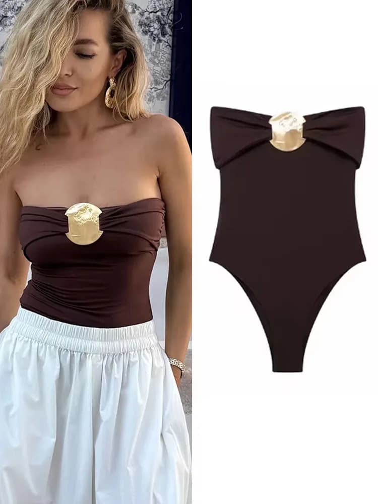 2024 Donne di Estate Arco Pieghettato Body Donna Solido Sexy Backless Costume Da Bagno Marrone + Nero Increspato Partito Pagliaccetti Stile Spiaggia