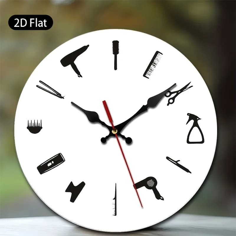 1 pezzo, Orologio da parete piatto 2D, Asciugacapelli, Spazzola, Pettine, Forbici, Flacone spray, Piastra per capelli, Ideale per Barbieri, Saloni di bellezza