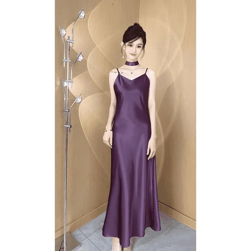 Summer Women New French High-grade Acetic Acid Satin Fishtail Dress Temperament Wear Foreign Style Long Dress Suspender Skirt
