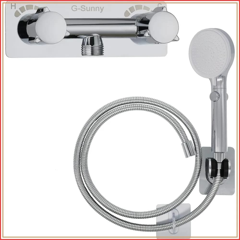 RV Shower Faucet with Hose and Shower Head, Metal Camper Shower Faucet Replacement, On-Off Shower Head with Guide Ring and Holder for RV, Camper, Motorhome (Chrome)