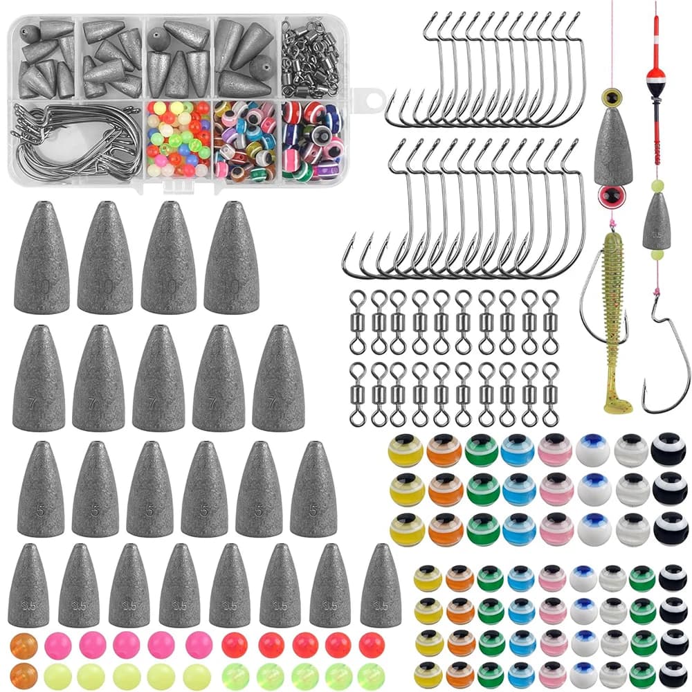 163Pcs Bullet Fishing Sinkers Weights Offset Worm Hooks Beads Rolling Swivels for Carolina and Texas Rig Accessories Tackle Box