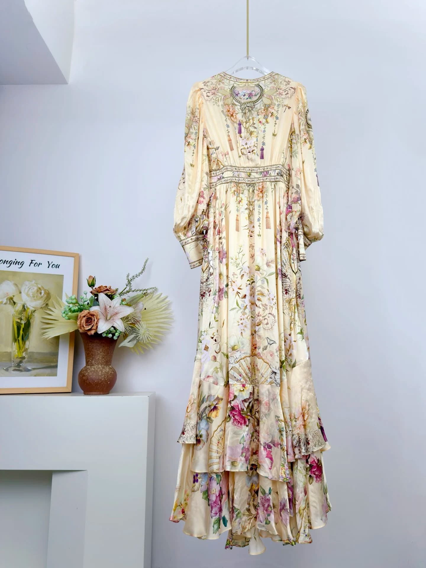 2026 Female Layered Hem Long Dress Heavy Beaded Flower Printed V-Neck Lantern Sleeve Elastic Waist Loose Female Silk Robe