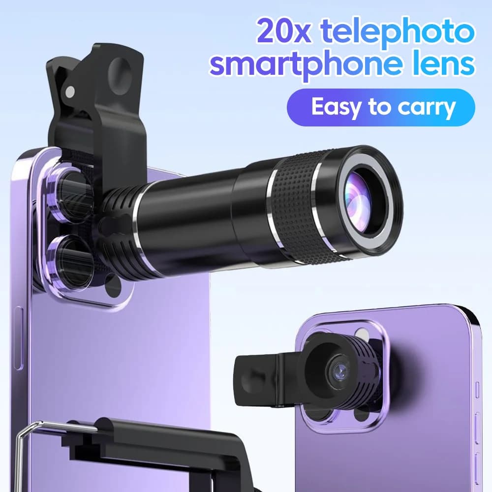 Obiettivo Zoom Universale 20X per Telefono Cellulare, Lente Monoculare per iPhone e Samsung, Teleobiettivo HD 20X con Treppiede