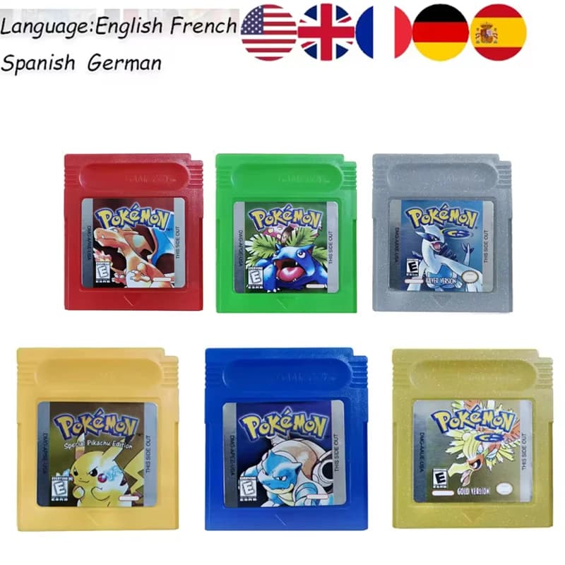STOCK^ 38style Pokemon Red Blue Crystal Golden Green Silver Yellow GBC Game Card 16 Bit Video Game Cartridge Console Card GB/SP