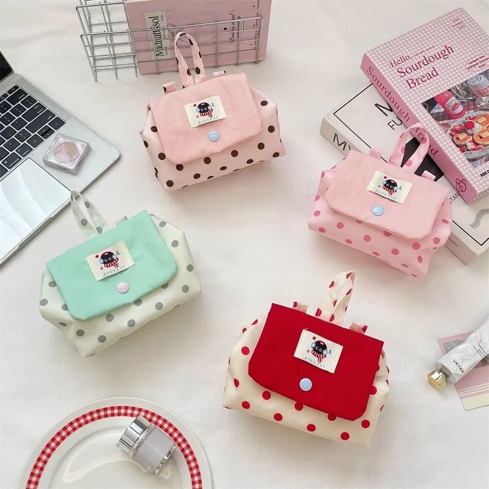 Mini Earphone Storage Bag Flip Cover Snap Button Key Card Holder Cartoon Polka Dot Contrast Color Coin Purse for Student Girls