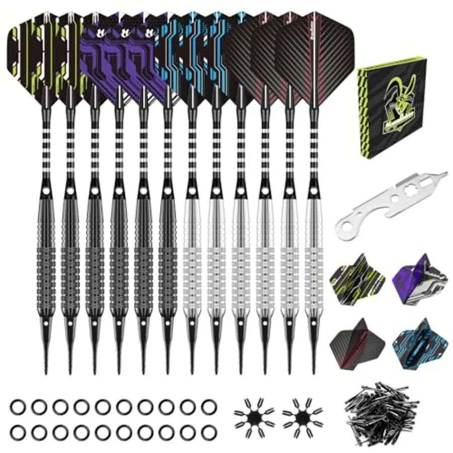 Set di freccette con punta morbida, confezione da 12, 18 g, con 50 punte extra, 16 alette, 20 O-ring, 2 protezioni per alette, chiave per freccette elettroniche