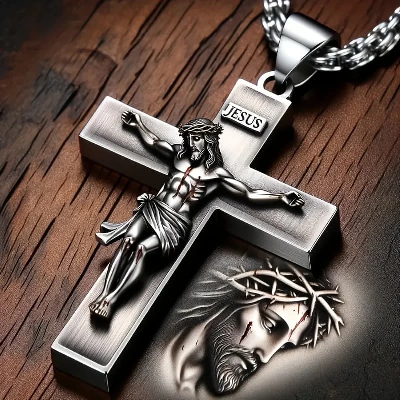 Religious Necklace for Men - Jesus Cross Pendant with Crown of Thorns, Christian Jewelry Gift, Daily and Formal Wear