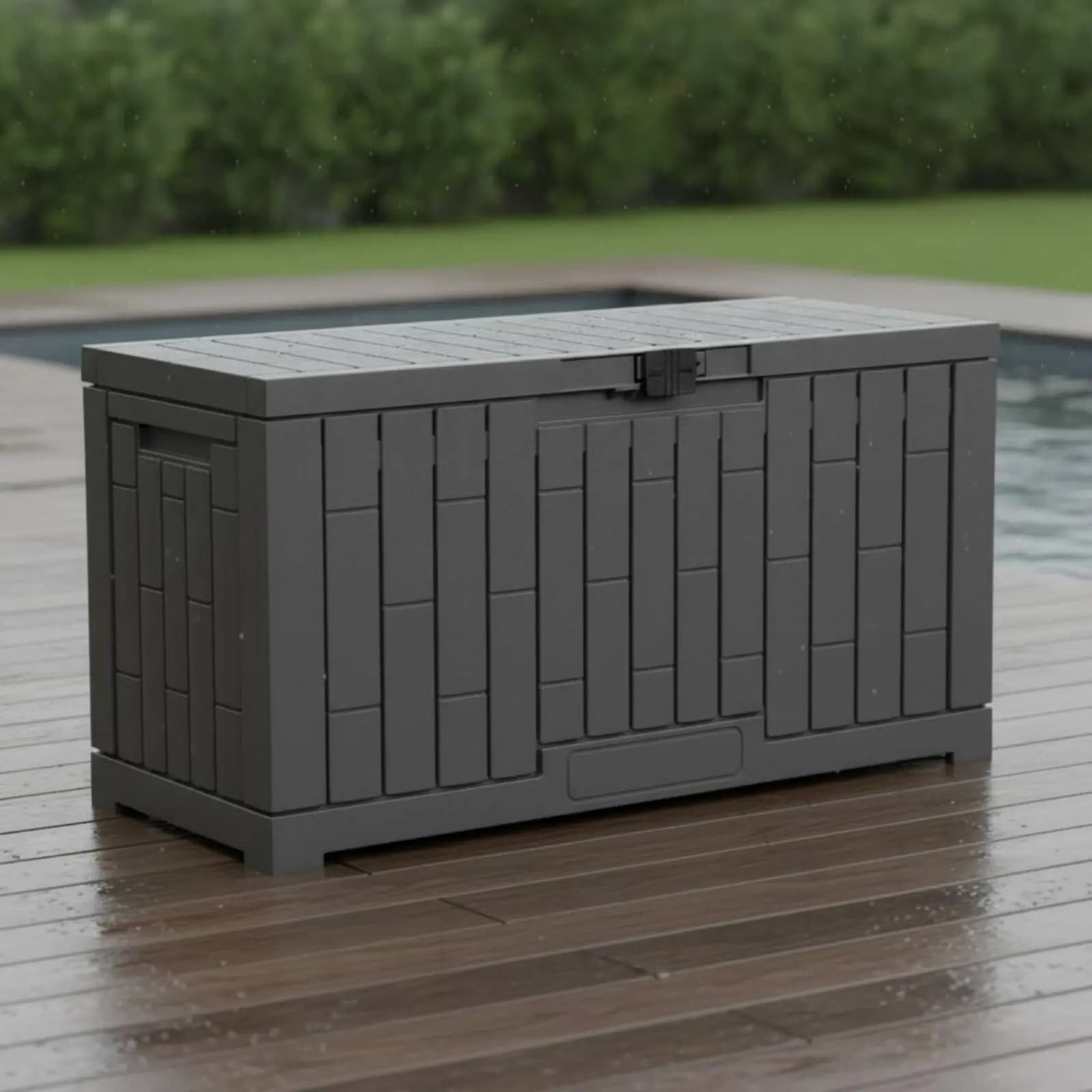 Contenitore Rettangolare in Resina per Esterni con Coperchio Incernierato e Pannelli, Scatola Portaoggetti Bloccabile per Giardino, Bordo Piscina