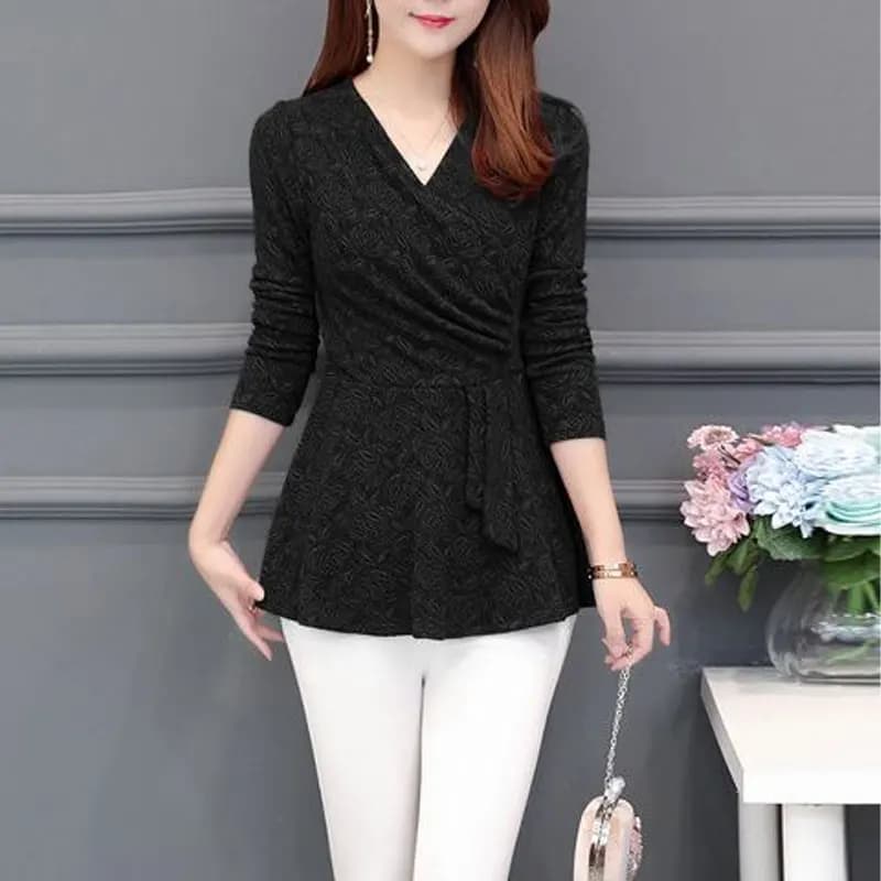 Pullover in tessuto Jacquard floreale Vintage abbigliamento donna elegante scollo a v primavera autunno Casual Slim vita moda pieghe t-shirt