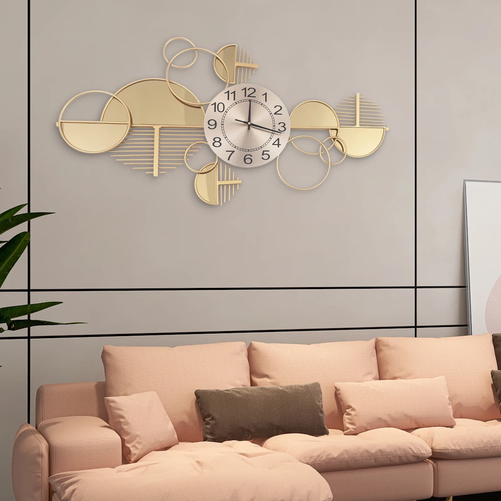 33.86 inch large modern gold wall clock, silent geometric decoration without ticking, battery operation, elegant artistic piece of living room