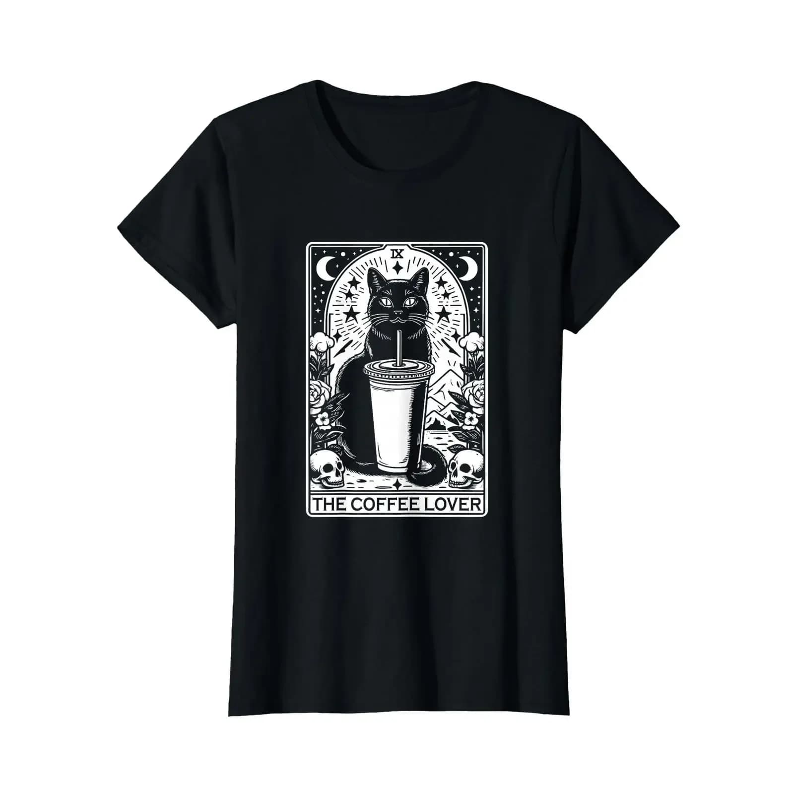 The Coffee Lover Cat Vintage Gothic Tarot Card T Shirt vintage Washed fashion streetwear Casual Soft Stylish