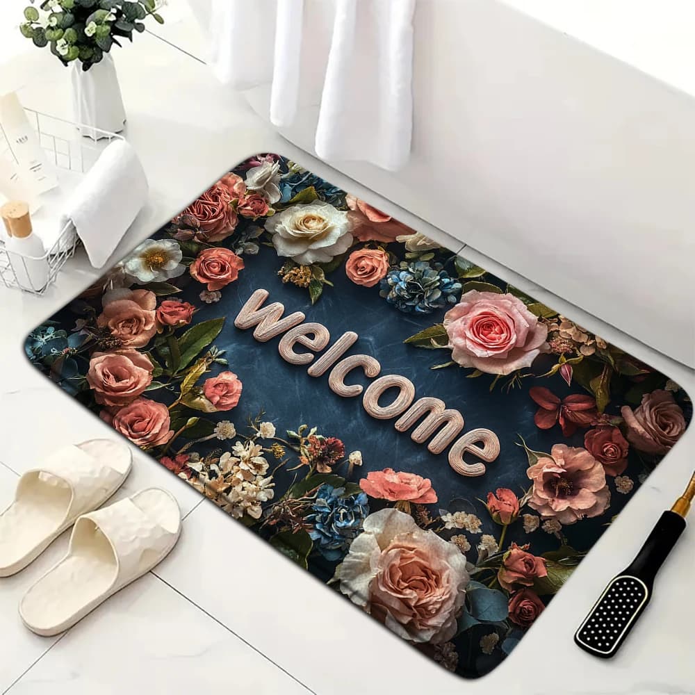Tappetino di benvenuto con motivo floreale, tappetino antiscivolo per porta d'ingresso, decorazione per la casa, tappeto per interni ed esterni, tappetino per bagno