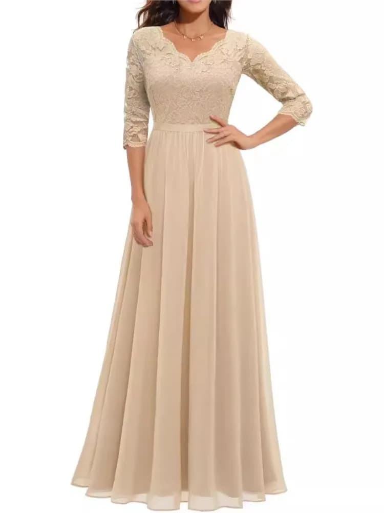 Abito ampio in pizzo moda per donna elegante solido tre quarti scollo a V a vita alta abiti Robe Femme festa da sera formale nuovo