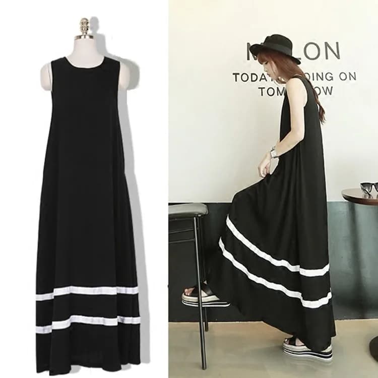 Abito lungo da donna a gilet, stile coreano, ampio, a righe, a trapezio, per il lavoro, in fibra di poliestere, senza marchio
