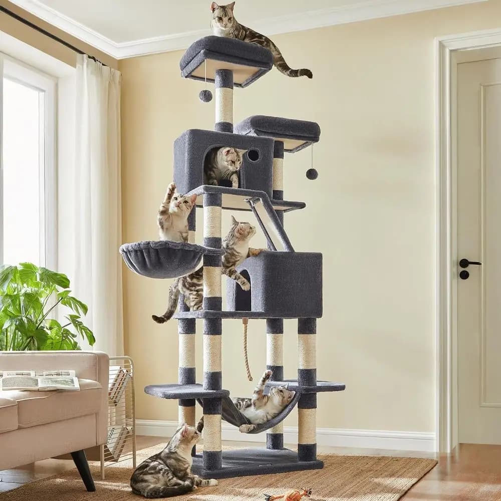 Grande Torre per Gatti da 81,1 Pollici con 13 Posti per Tirare, 2 Piattaforme, 2 Grotte, Cesto, Amaca, Pompon in Grigio Fumo
