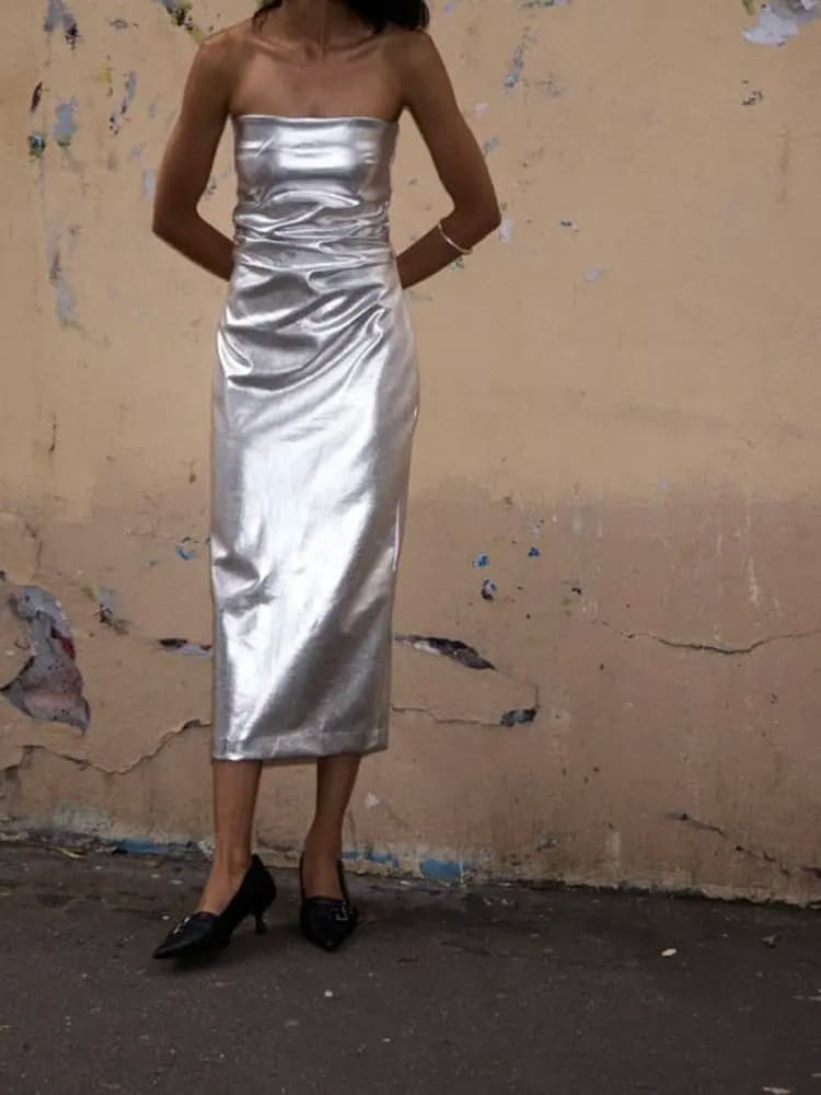 Nuovo Arrivo Estivo: Abito Midi Sexy in Metallo Argento con Pieghe, Vita Alta, Linea ad A, Senza Maniche, Chiusura con Cerniera, in Poliestere