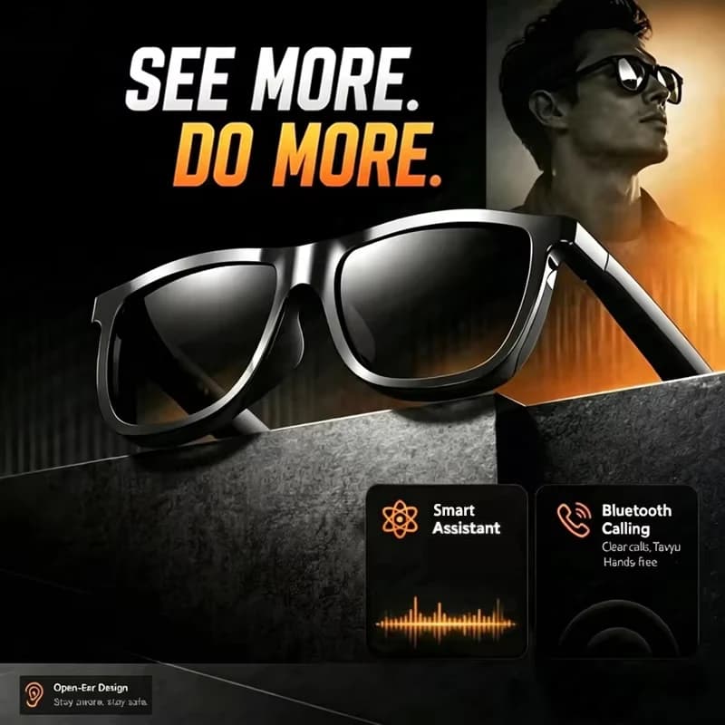 Occhiali intelligenti da uomo con chiamata Bluetooth, fotografia assistita, lettore musicale, assistente e controllo touch.