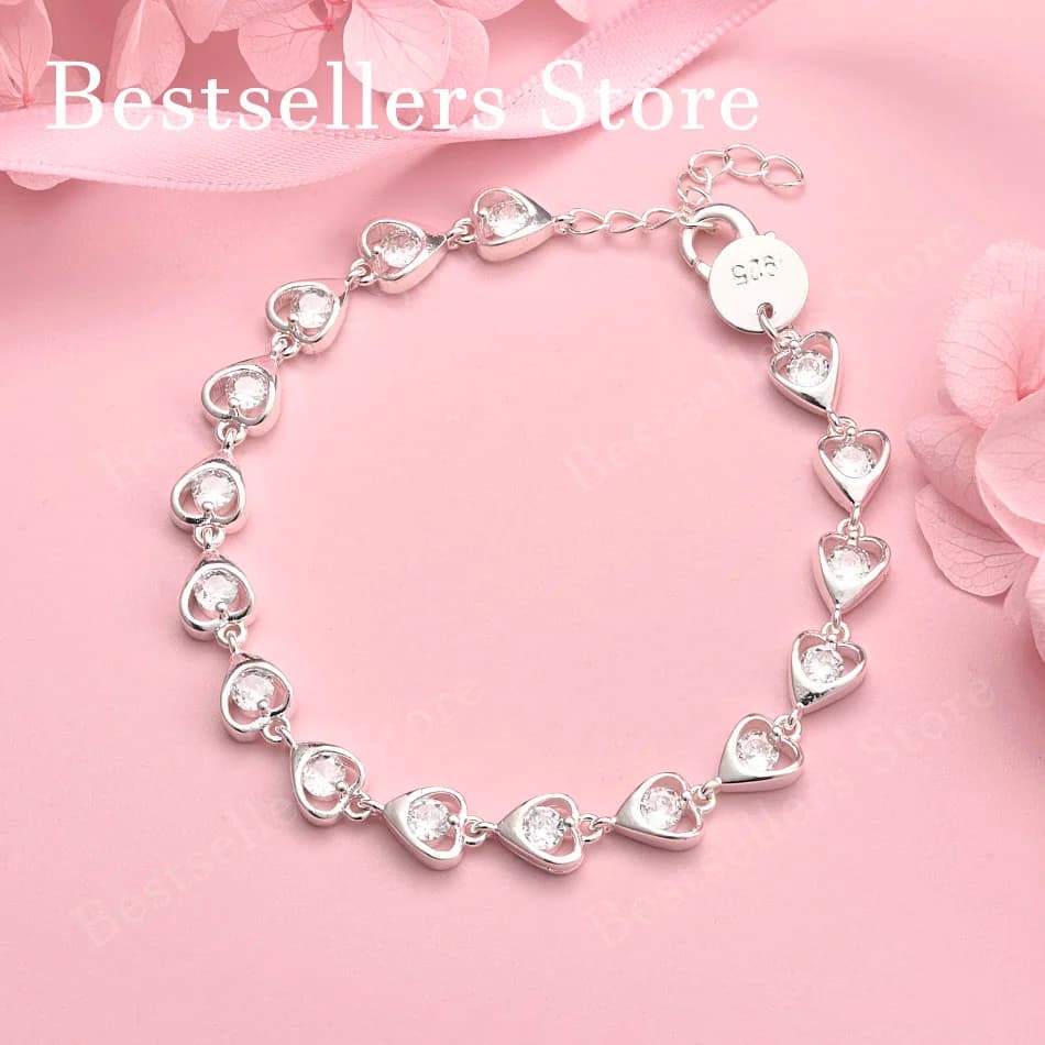 Bracciale in argento sterling 925 da 8 pollici con zirconi a forma di cuore, accessori per gioielli da donna alla moda per matrimoni e feste