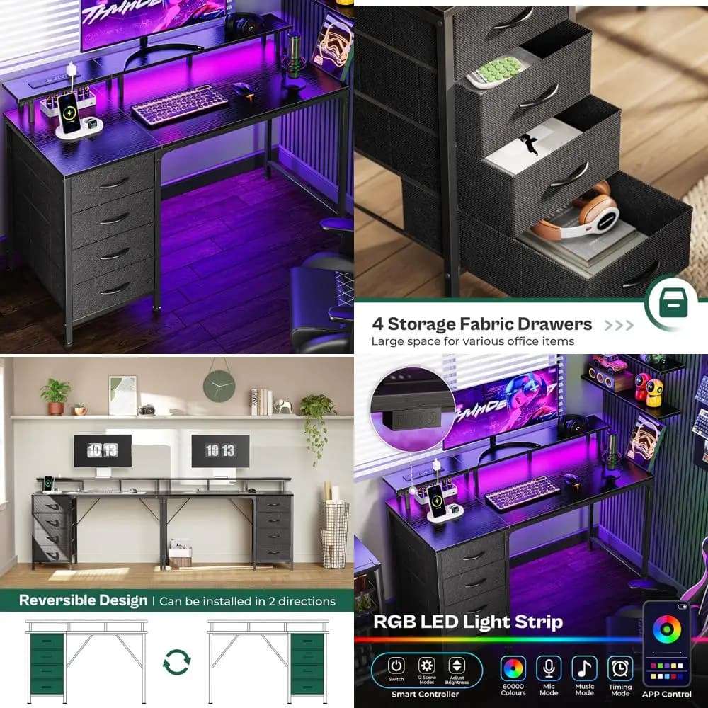47 inch computer and office desk with 4 drawers, LED lights, monitor support, power sockets, ergonomic design