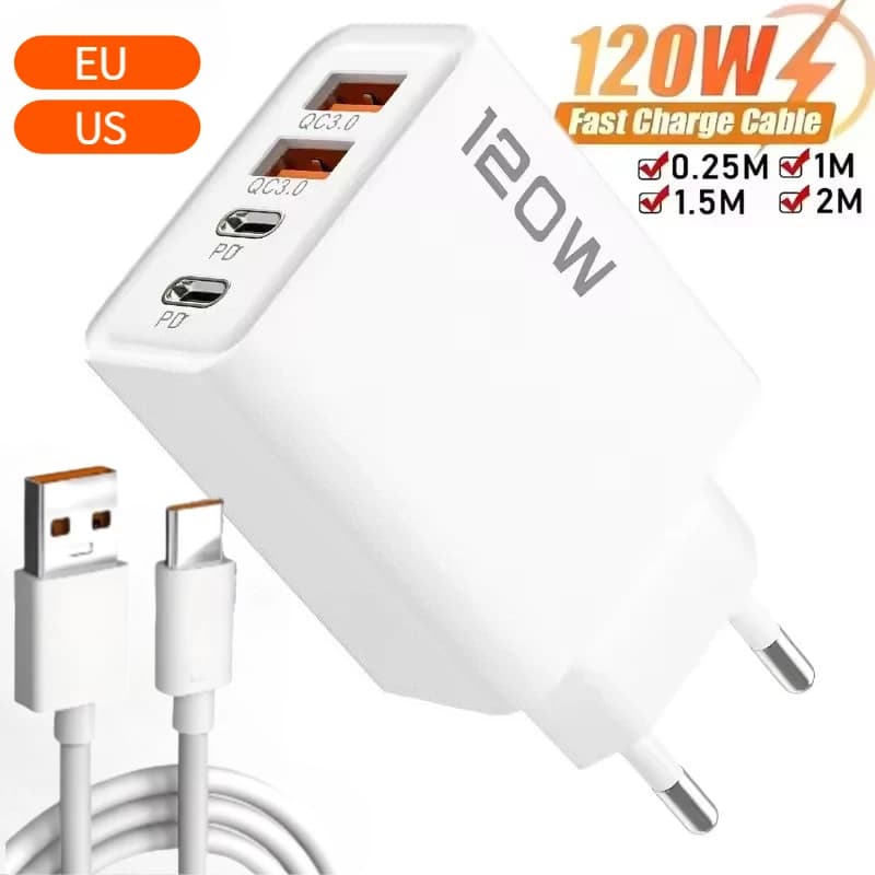 Stazione di ricarica rapida USB C da 120W a 4 porte con adattatore da parete PD QC3.0 e cavo dati per iPhone, Samsung, Xiaomi, Huawei, con spina EU, US, UK, ideale per i viaggi.