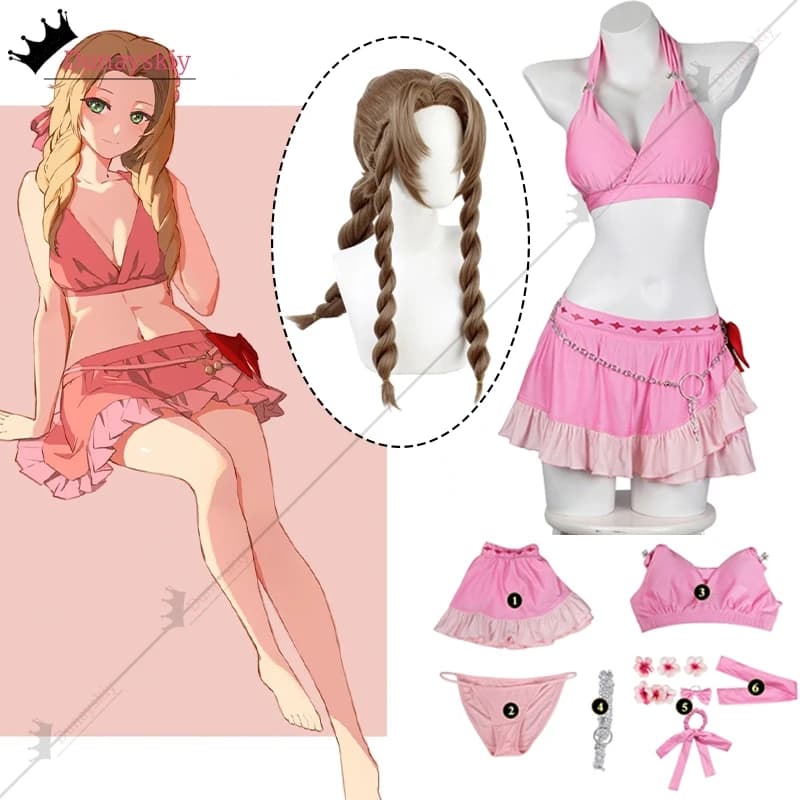 FF7 Aerith Costume da bagno cosplay Costume Adulto Donna Ragazza Halter Costumi da bagno Ruffle Bikini Set 7 Rinascita Abiti da travestimento di Halloween
