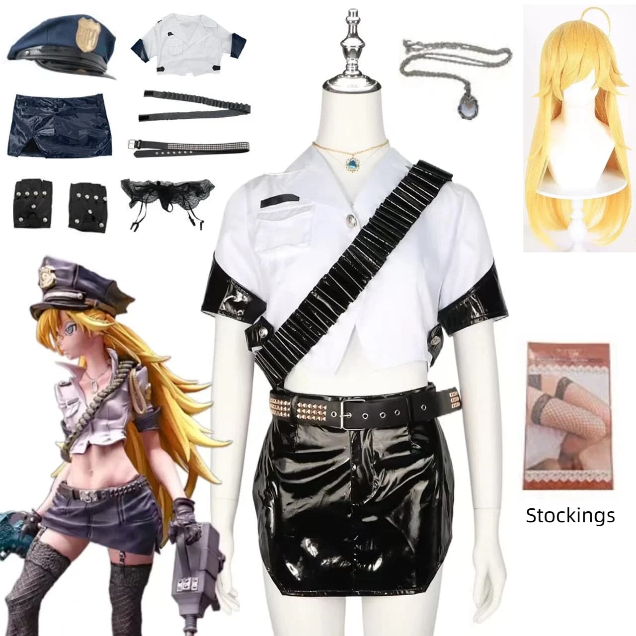 Costume Cosplay Anime Panty & Stocking, Calze a Rete Sexy, Cappello, Accessori, Gonna in Pelle, Set da Poliziotta, Outfit Cosplay
