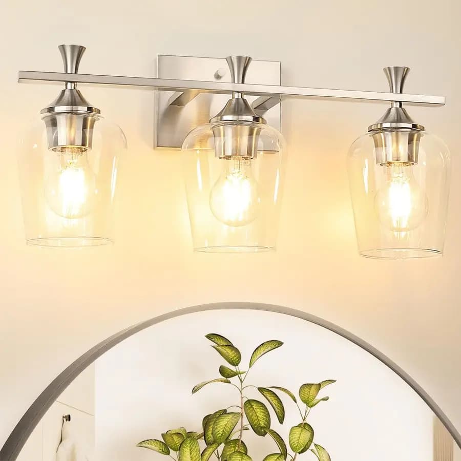 Lampada da Bagno Sospesa Argento, Illuminazione per Specchio, Applique da Parete Moderna con Paralume in Vetro Trasparente