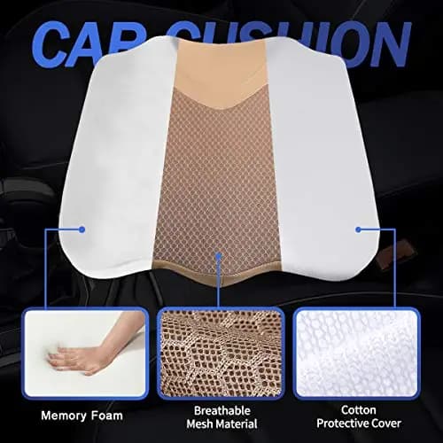 Beige Ergonomic Car Seat Wedge Cushion Featuring Memory Foam Core, Breathable Mesh Panel, And Soft Cotton Cover For Enhanced