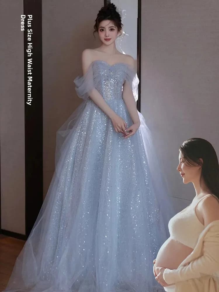 Abito da Sposa Elegante per Taglie Forti, Gonna a Vita Alta Linea A, Vestito Lungo da Sera Blu con Cintura