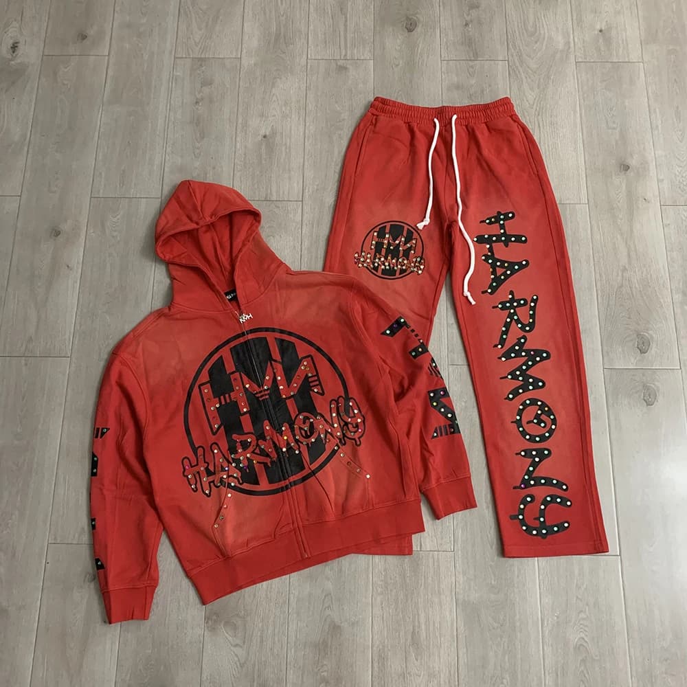 High Street Shinning Diamond Terry Zipper Hooded Hoodie and Joggers Set Mens Rhinestone Baggy Cotton Sweatpants Tracksuits