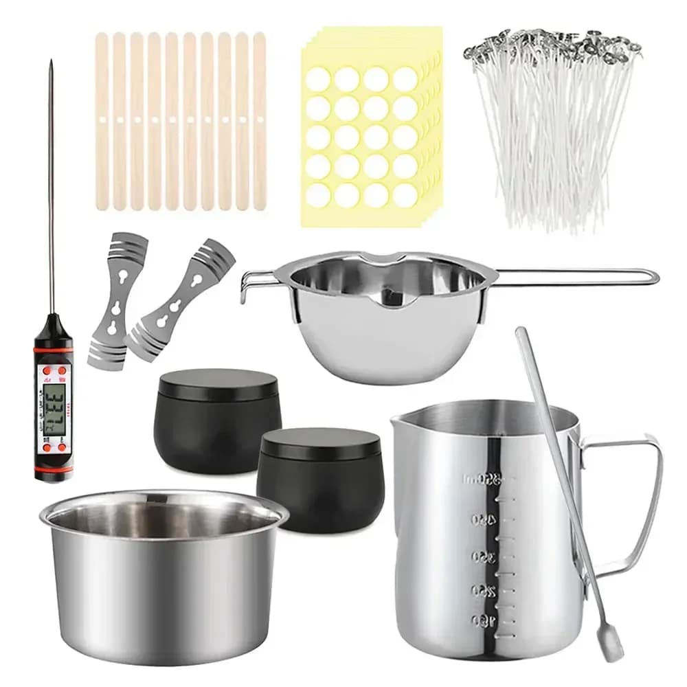 219 pezzi Set per realizzare candele profumate Candelieri Porta stoppini Manico lungo Cucchiaio per miscelazione Termometro 400/600/800ml Pentola per fusione della cera