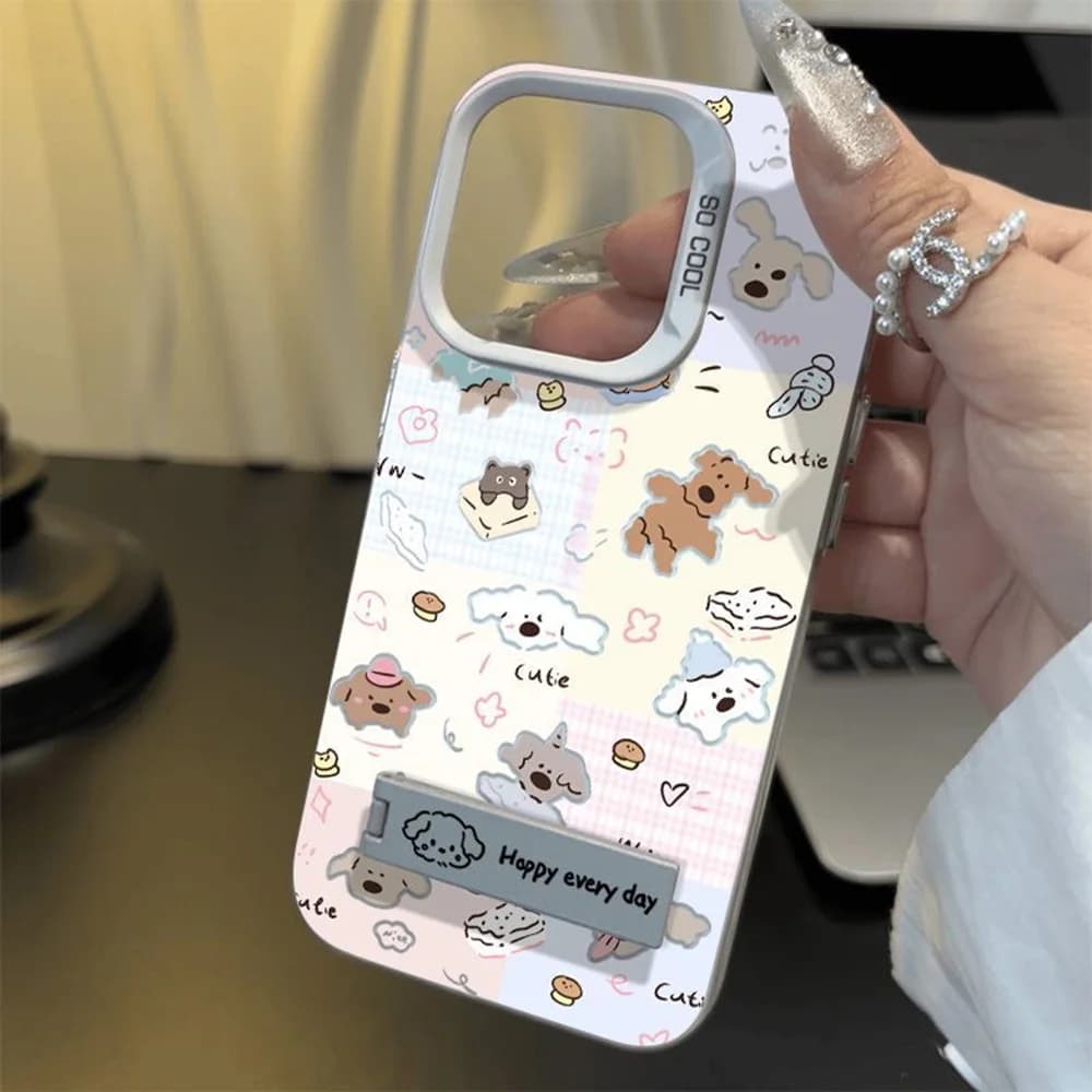 Phone Case for Apple iPhone 18 17 16 15 14 13 12 Pro Max 7 8 Plus With Ultra-Thin Bracket Cute Puppy Patchwork Plaid Shockproof