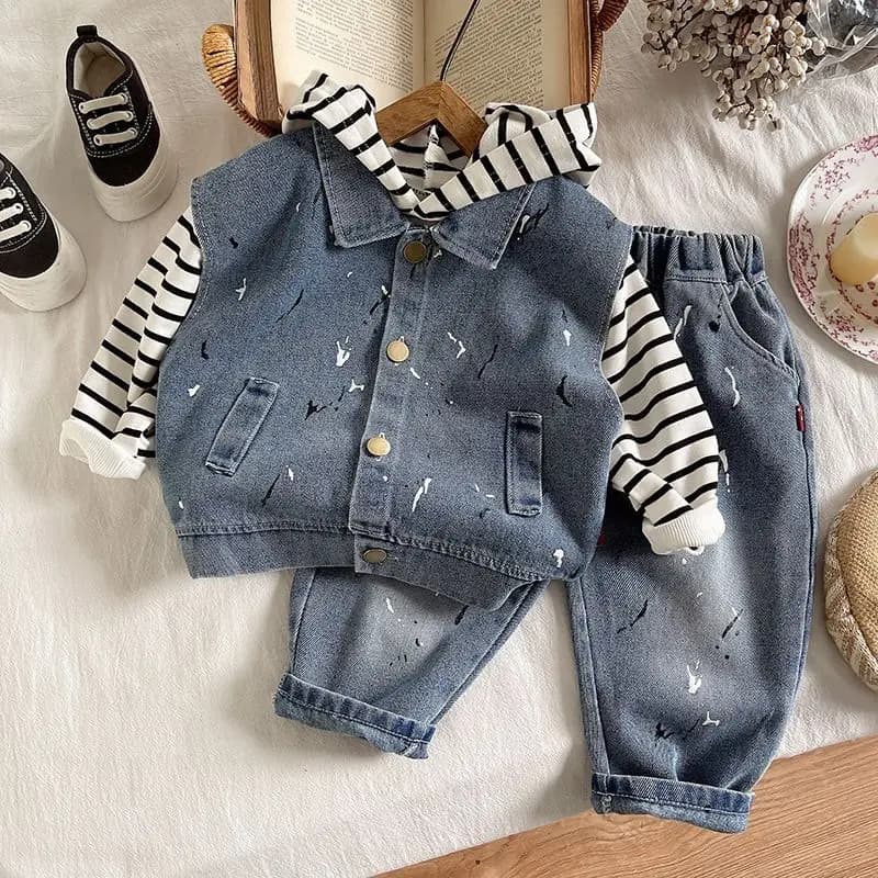 Children's Autumn Fashion Outfit Set New Boy Denim Vest Casual Hooded Sweatshirt Jeans Three Piece Set for Kids