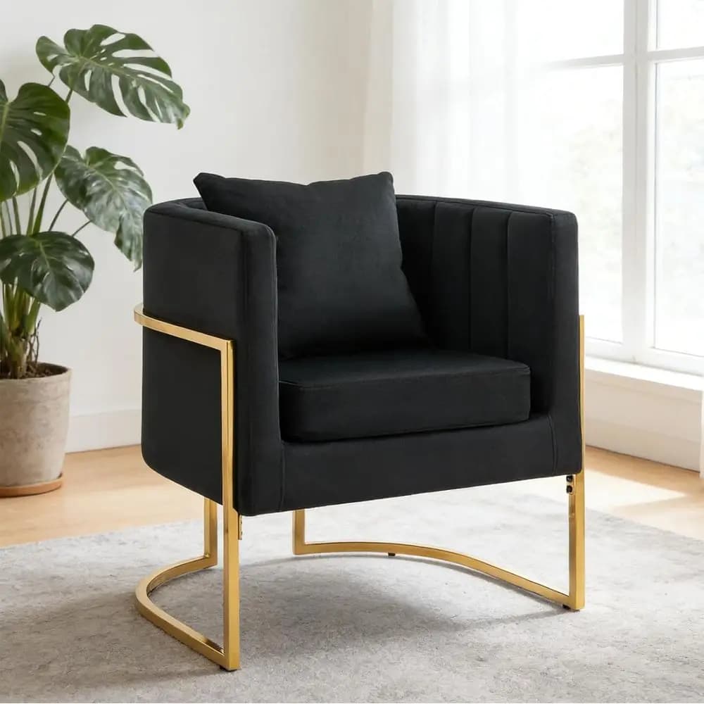 Poltrona in Velluto Stile Mid-Century con Cuscino Lombare, Adatta per Soggiorno o Camera da Letto, Gambe in Metallo Nero