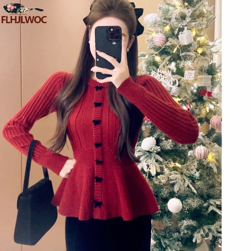 New Year Ruffles Peplum Basis Pullovers Jumpers Long Sleeve Casual Loose Japan Cute Sweet Girls Bow Tie Red Knitted Sweaters