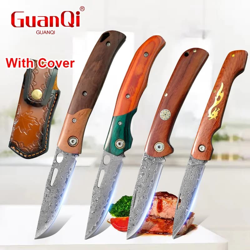 Sharp Folding Kitchen Utility Knife Damascus Knife Wood Handle Multifunctional Fruit Meat Boning Cutter Cooking Knife With Cover