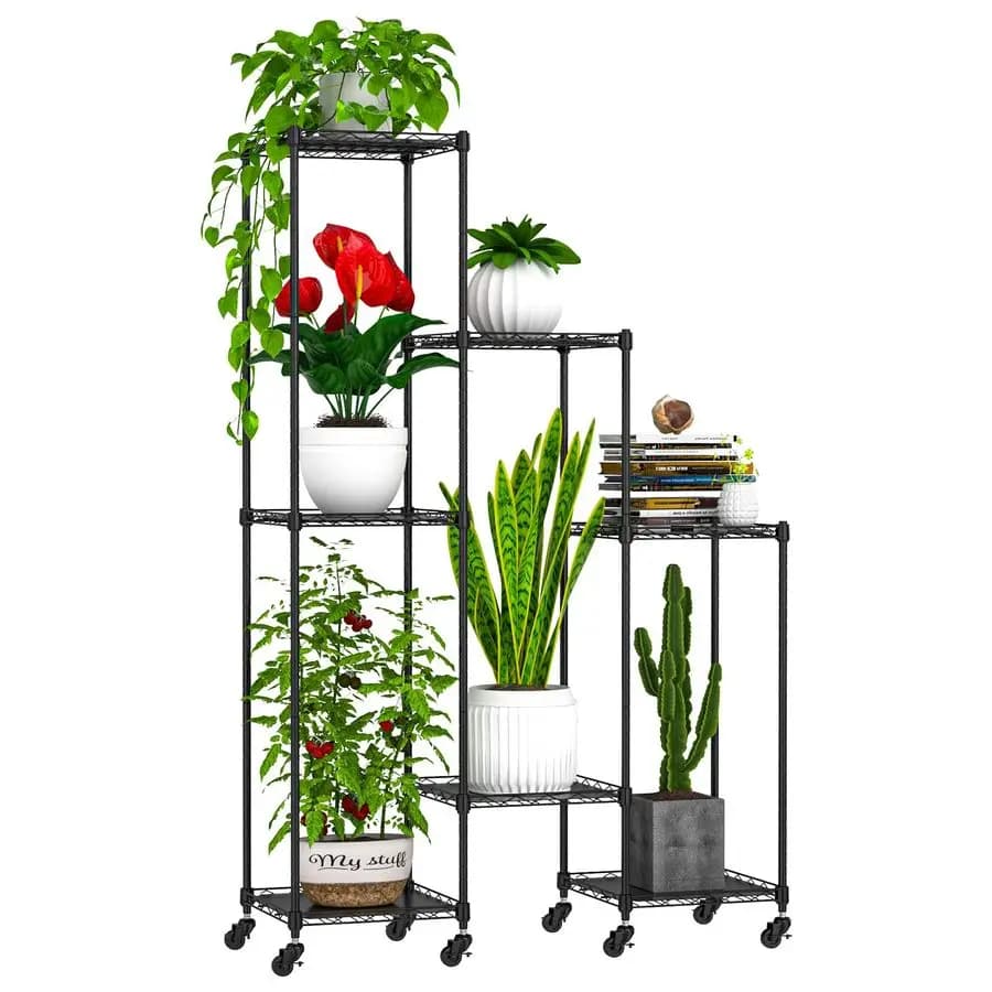 Support for Plants with Wheels, Adjustable Height, Metal Shelves for 7 Vases, Fai-da-Te mounting for Interior and Exterior