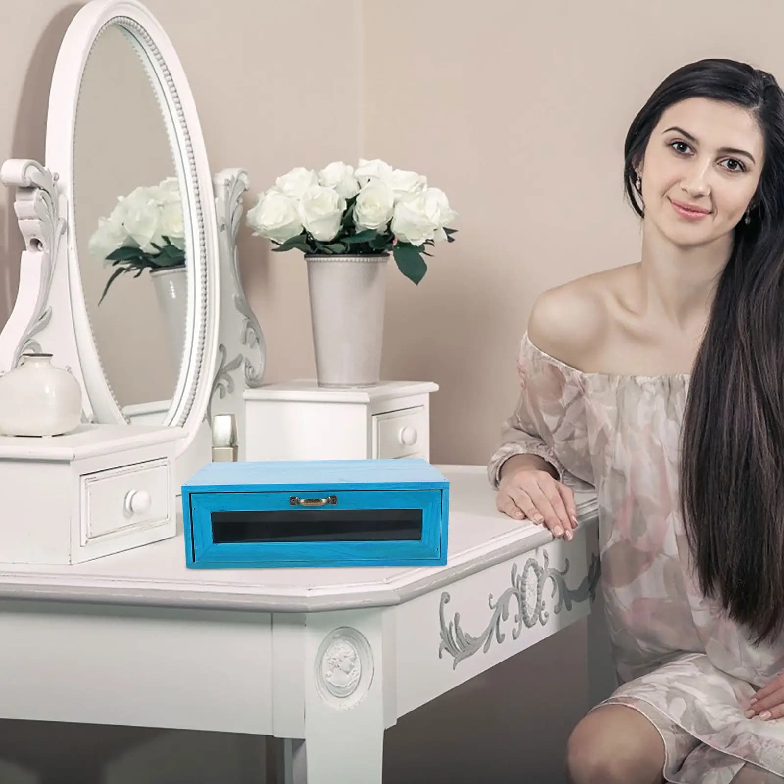 Supporto per Monitor in Legno con Cassetto, Organizer da Scrivania in Legno per Monitor e Cosmetici, Design Semplice ed Elegante, Lavorazione Raffinata