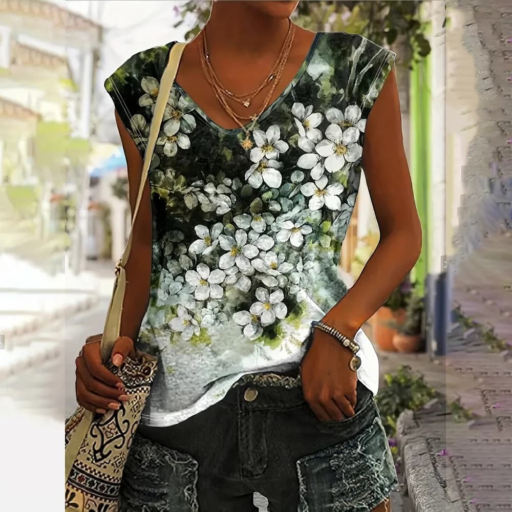 Gilet senza maniche personalizzato da donna t-shirt Streetwear alla moda t-shirt con scollo a v stampata floreale 3d t-shirt senza maniche nuova estate