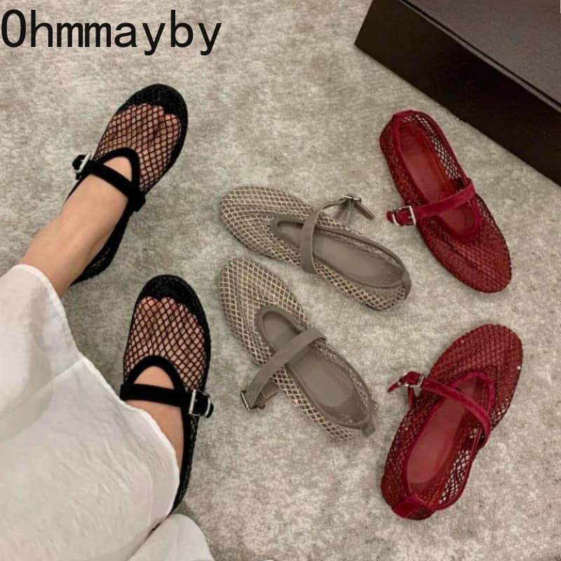 Scarpe Mary Jane da Donna in Rete con Strass, Punta Tonda, Cinturino con Fibbia, Ballerine Traspiranti Scavate, Scarpe Casual per Uso Quotidiano e Feste