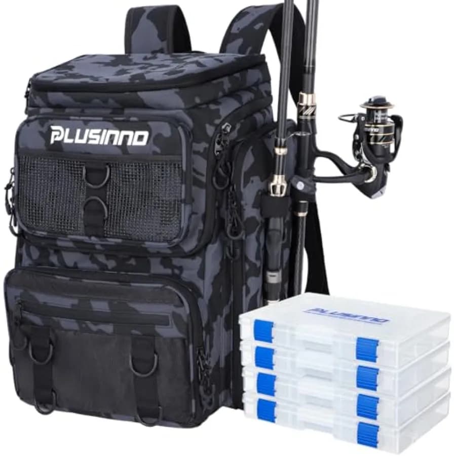 Zaino da Pesca con Portacanne 42L, Borsa Impermeabile Grande per Attrezzatura da Pesca, Campeggio ed Escursionismo - Nero Mimetico con 4 Scatole Porta Attrezzi
