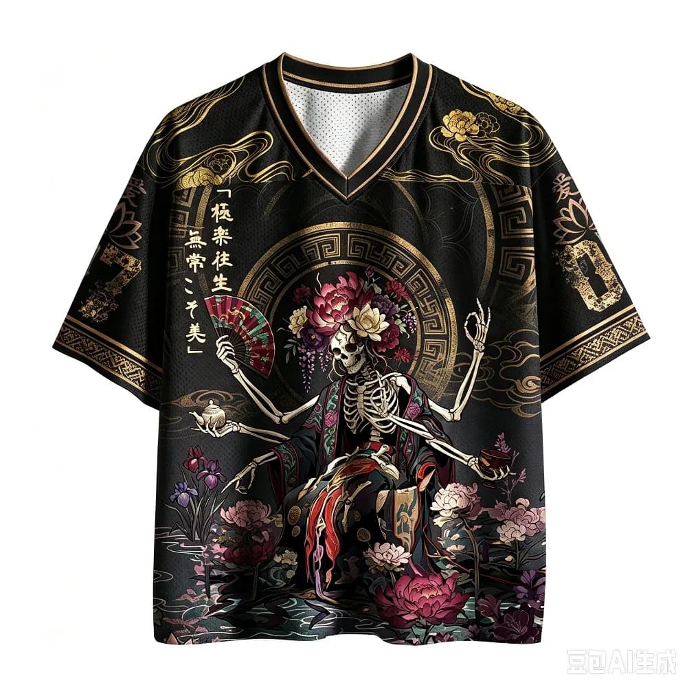 Japanese Ukiyo-e Multi-armed Skeleton Geisha Patte3D Print Sport Quickdry Breatha Men V-neck Tshirt Outdoor Fashion Hip-hop Top