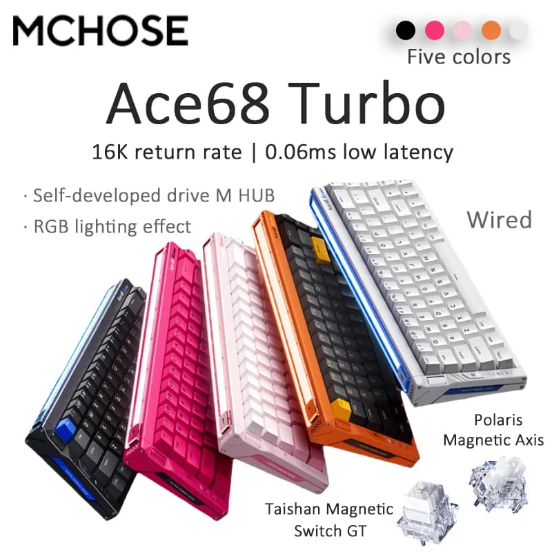 MCHOSE ACE68 Turbo Tastiera da gioco meccanica personalizzata 0.001mm Trigger rapido RGB 16K Frequenza di traina Bassa latenza ad alta precisione