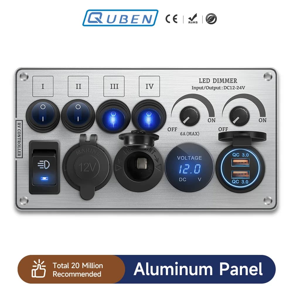 Interruttore a levetta Multi-Funzioni Pannello in alluminio argento Dimmer LED 12V 24V per RV Doppia porta USB QC3.0 Accendisigari